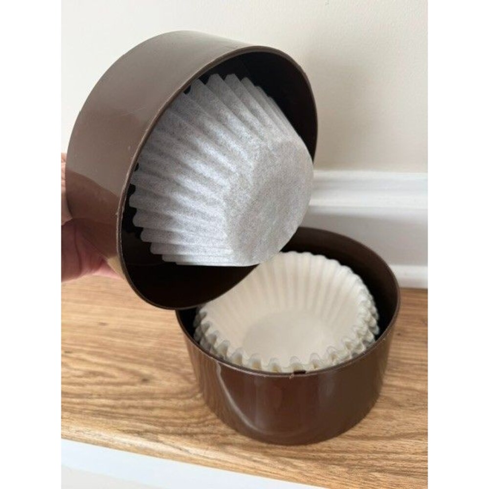 Vtg Coffee Filter Brown Round 70's Plastic Dispenser Storage Made In USA